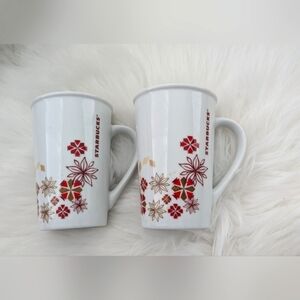 Set of 2 Starbucks Coffee Mug Cup Christmas Holiday 12  Red Snowflakes